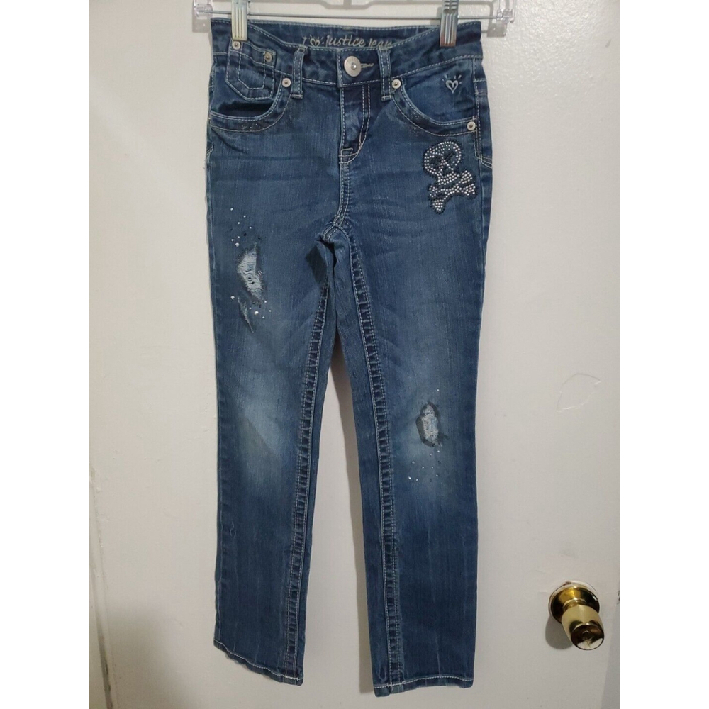 I love justice Girls Youth Size 10R Dark Wash Stretch Straight Denim Blue Jeans